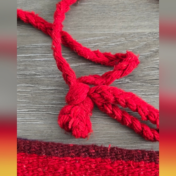 Woven rainbow satchel with a red strap and trim. - Picture 3 of 8